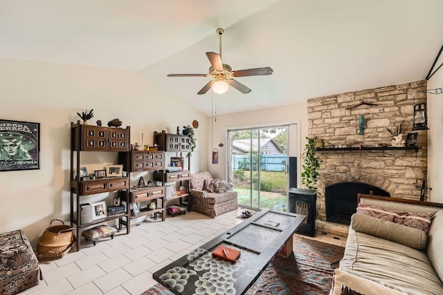 3309 Whitepine Dr, Austin, TX 78757 - living room featuring lofted ceiling, ceiling fan, and tile patterned flooring