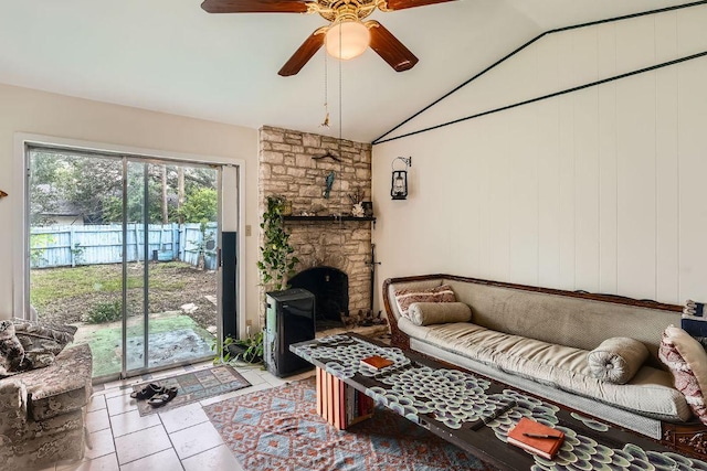 3309 Whitepine Dr, Austin, TX 78757 - living area featuring lofted ceiling, a ceiling fan, and tile patterned flooring