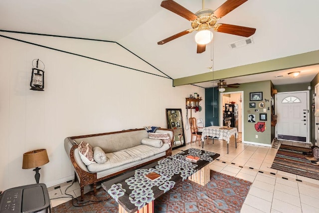 3309 Whitepine Dr, Austin, TX 78757 - tiled living area featuring a ceiling fan and lofted ceiling