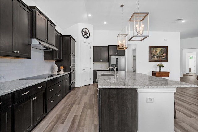 1404 Scenic Oaks Dr, Georgetown, TX 78628 - kitchen featuring stainless steel appliances, under cabinet range hood, light wood-type flooring, tasteful backsplash, and an island with sink