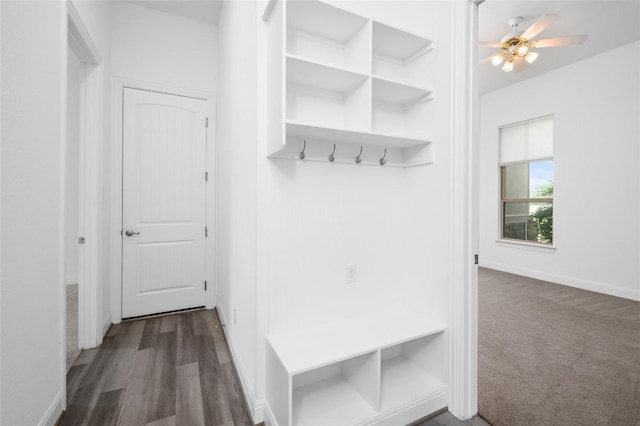 1404 Scenic Oaks Dr, Georgetown, TX 78628 - mudroom with a ceiling fan and dark wood-style floors