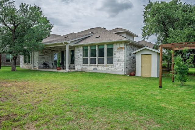 1404 Scenic Oaks Dr, Georgetown, TX 78628 - rear view of house featuring stone siding, a pergola, a patio area, a storage shed, and a lawn