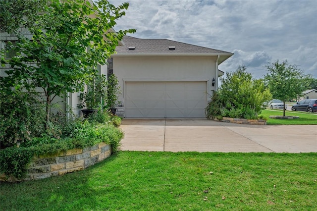 1404 Scenic Oaks Dr, Georgetown, TX 78628 - view of property exterior featuring driveway, a yard, a garage, and stucco siding