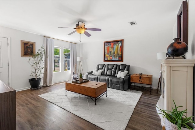 7801 Elderberry Dr, Austin, TX 78745 - living room with ceiling fan and dark wood finished floors