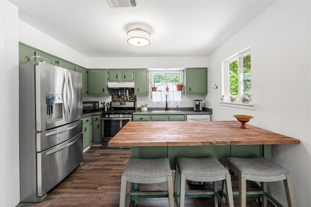 7801 Elderberry Dr, Austin, TX 78745 - kitchen featuring green cabinetry, appliances with stainless steel finishes, under cabinet range hood, butcher block countertops, and a kitchen bar