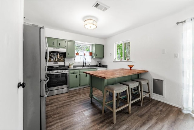 7801 Elderberry Dr, Austin, TX 78745 - kitchen with green cabinets, stainless steel appliances, under cabinet range hood, dark wood-style floors, and butcher block counters