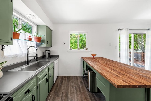 7801 Elderberry Dr, Austin, TX 78745 - kitchen with green cabinetry, butcher block countertops, dark wood-type flooring, and plenty of natural light