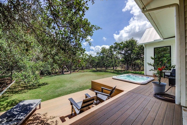 8009 Golden Oaks Ln, Austin, TX 78737 - wooden terrace featuring an outdoor hot tub and a lawn