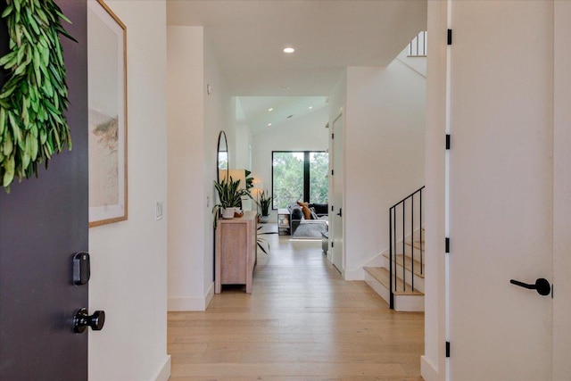 8009 Golden Oaks Ln, Austin, TX 78737 - foyer featuring light wood-type flooring, recessed lighting, stairway, and lofted ceiling