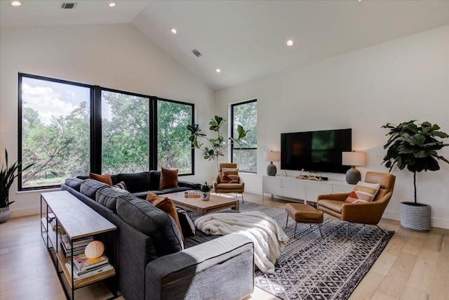 8009 Golden Oaks Ln, Austin, TX 78737 - living room featuring high vaulted ceiling, recessed lighting, and light wood-style flooring