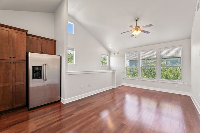 1601 Miriam Ave Unit 216, Austin, TX 78702 - unfurnished living room featuring a ceiling fan, dark wood finished floors, and high vaulted ceiling