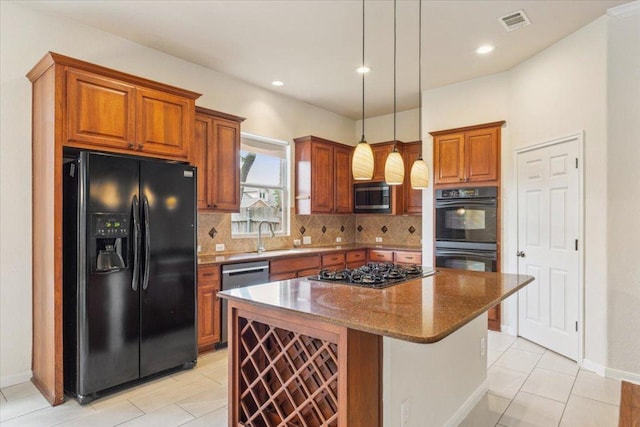 102 Country View Way, Cedar Park, TX 78613 - kitchen with black appliances, brown cabinetry, a center island, decorative backsplash, and dark stone counters