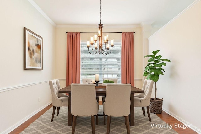 102 Country View Way, Cedar Park, TX 78613 - dining space with a chandelier, wood finished floors, and ornamental molding
