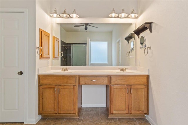 102 Country View Way, Cedar Park, TX 78613 - full bathroom featuring double vanity, a shower with door, and a ceiling fan