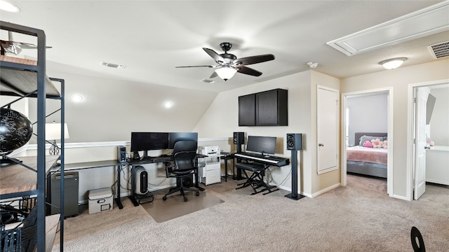 201 Garcitas Creek Ln, Hutto, TX 78634 - office with attic access, carpet, ceiling fan, and vaulted ceiling
