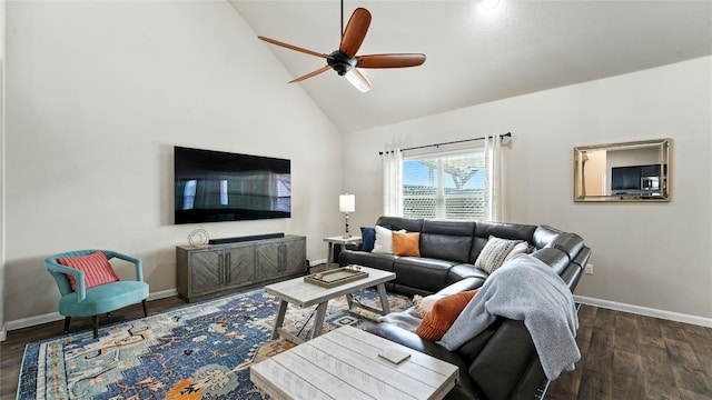 201 Garcitas Creek Ln, Hutto, TX 78634 - living room with a ceiling fan, high vaulted ceiling, and wood finished floors