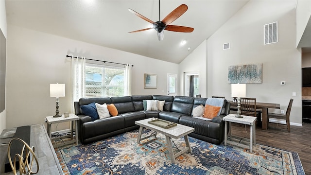201 Garcitas Creek Ln, Hutto, TX 78634 - living room with high vaulted ceiling, ceiling fan, and wood finished floors