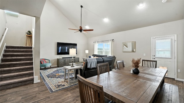 201 Garcitas Creek Ln, Hutto, TX 78634 - dining area featuring dark wood-style floors, stairway, a ceiling fan, high vaulted ceiling, and recessed lighting