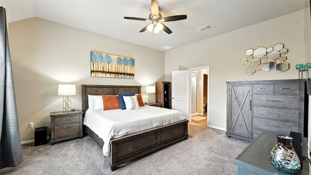 201 Garcitas Creek Ln, Hutto, TX 78634 - bedroom with light carpet, vaulted ceiling, and ceiling fan