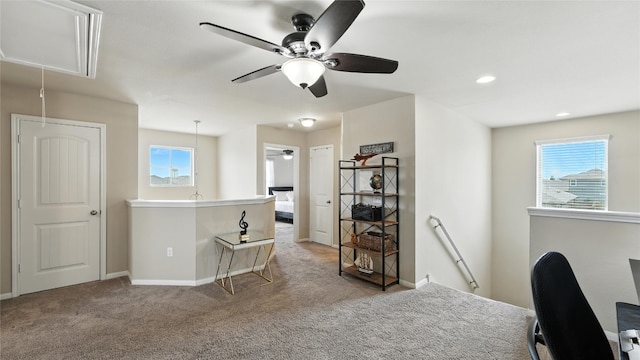 201 Garcitas Creek Ln, Hutto, TX 78634 - home office featuring attic access, carpet floors, healthy amount of natural light, and recessed lighting