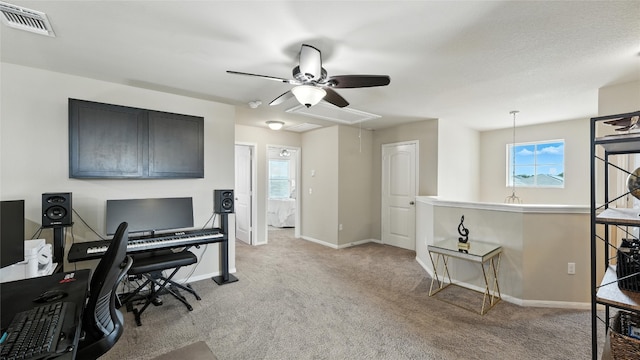 201 Garcitas Creek Ln, Hutto, TX 78634 - office area featuring attic access, a ceiling fan, carpet flooring, and plenty of natural light