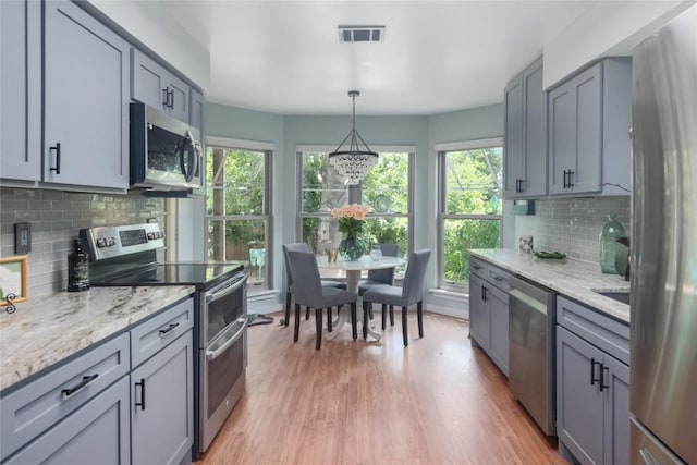 1912 Gaylord Dr, Austin, TX 78728 - kitchen featuring stainless steel appliances, plenty of natural light, decorative backsplash, and gray cabinetry