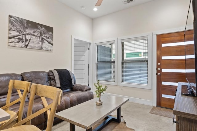 720 Pedernales St Unit B, Austin, TX 78702 - living room with a ceiling fan, light carpet, and recessed lighting