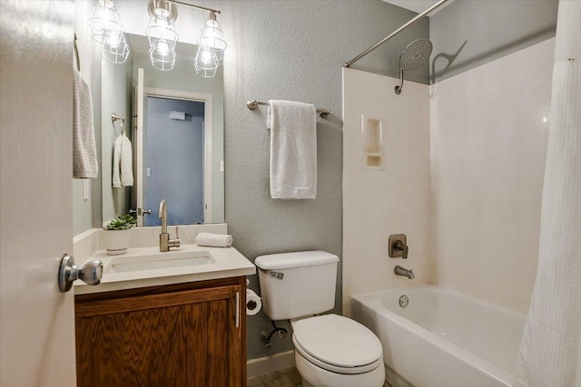 215 Peaceful Haven Way, Hutto, TX 78634 - bathroom featuring shower / bathtub combination with curtain, vanity, and a textured wall