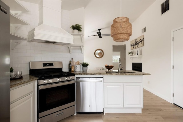 701 Mankato Dr, Austin, TX 78748 - kitchen featuring appliances with stainless steel finishes, custom exhaust hood, open shelves, ceiling fan, and decorative backsplash