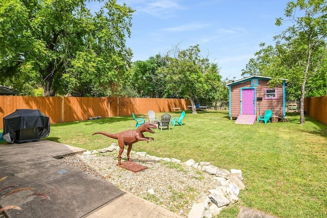 7312 Meador Ave, Austin, TX 78752 - fenced backyard featuring an outdoor structure, an outdoor fire pit, and a patio