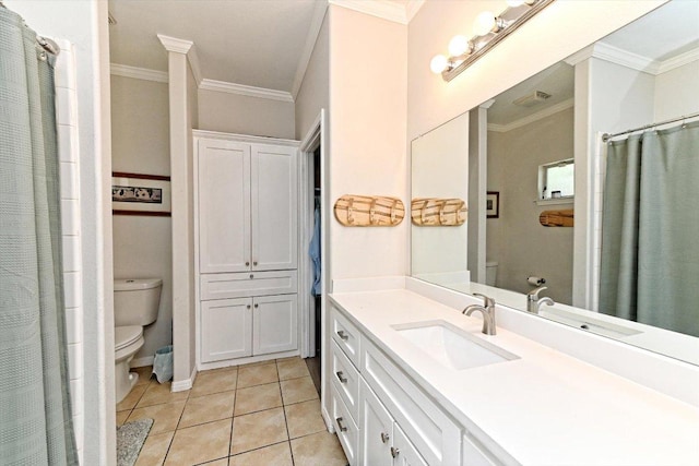 7312 Meador Ave, Austin, TX 78752 - full bathroom featuring crown molding, vanity, tile patterned floors, and a shower with shower curtain