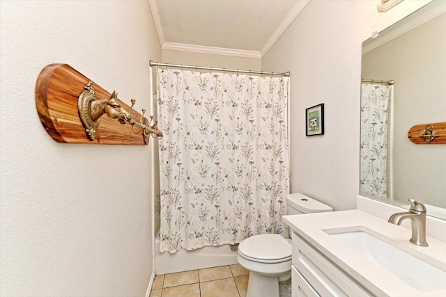 7312 Meador Ave, Austin, TX 78752 - bathroom with vanity, crown molding, tile patterned floors, and shower / bathtub combination with curtain