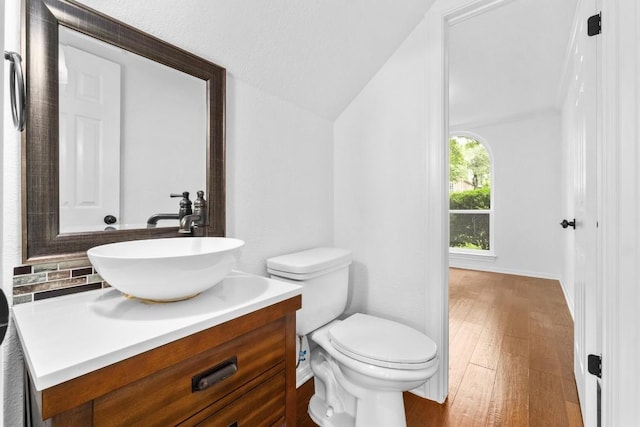 10504 Grand Oak Cir, Austin, TX 78750 - bathroom with vaulted ceiling, vanity, and wood finished floors