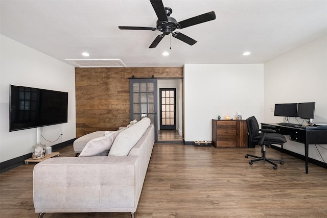 13516 Caldwell Dr, Austin, TX 78750 - office area featuring attic access, ceiling fan, wood finished floors, and recessed lighting