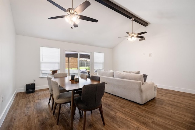 13516 Caldwell Dr, Austin, TX 78750 - dining space featuring ceiling fan, beamed ceiling, wood finished floors, and high vaulted ceiling