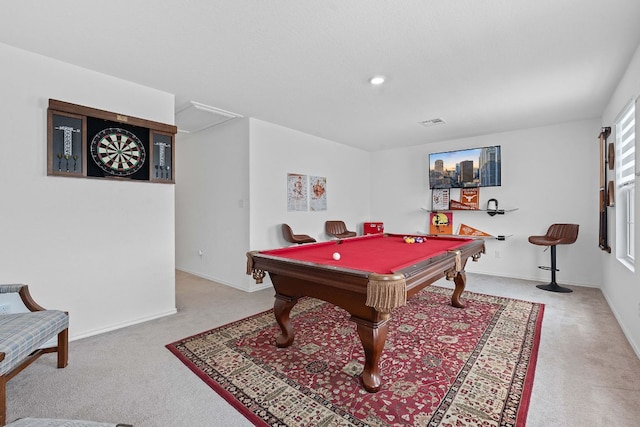 17704 Oso Cv, Elgin, TX 78621 - game room featuring carpet floors, billiards table, attic access, and recessed lighting