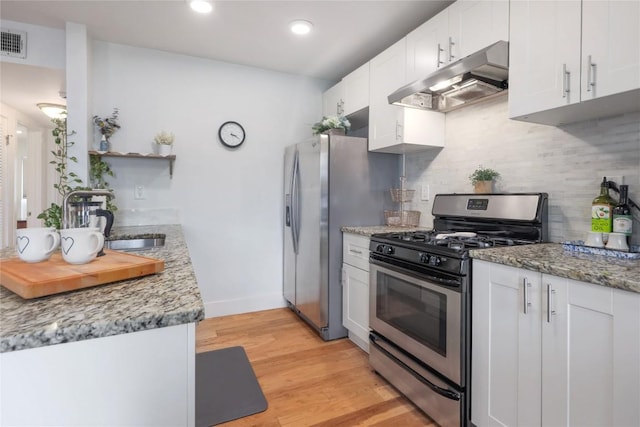 5820 Berkman Dr Unit 205, Austin, TX 78723 - kitchen with stainless steel appliances, under cabinet range hood, decorative backsplash, light wood-style flooring, and white cabinetry