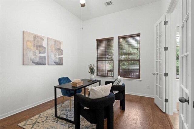 211 Longmont Ln, Austin, TX 78737 - office area with wood finished floors, a ceiling fan, and french doors