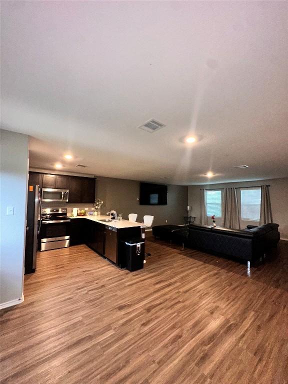 1214 Smallmouth Rd, Bastrop, TX 78602 - kitchen with appliances with stainless steel finishes, light wood-style flooring, light countertops, a peninsula, and open floor plan