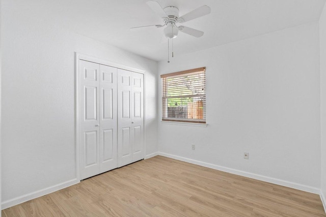 9273 Vigen Cir, Austin, TX 78748 - unfurnished bedroom featuring light wood-style flooring, a closet, and ceiling fan