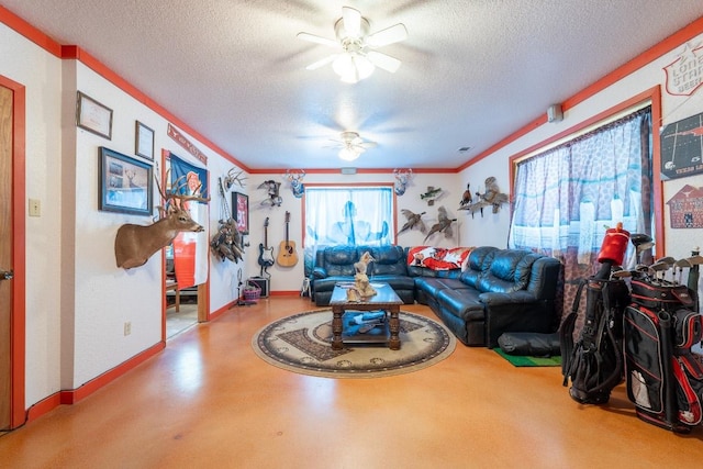 2700 County Road 224, Florence, TX 76527 - living room featuring a ceiling fan, a textured ceiling, and crown molding