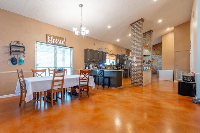 2700 County Road 224, Florence, TX 76527 - dining space featuring decorative columns, finished concrete flooring, a chandelier, recessed lighting, and high vaulted ceiling