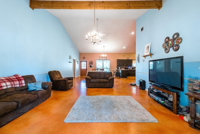 2700 County Road 224, Florence, TX 76527 - living area with a chandelier, high vaulted ceiling, and beam ceiling
