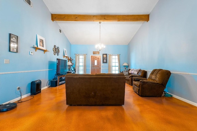 2700 County Road 224, Florence, TX 76527 - living room with a chandelier, beam ceiling, and high vaulted ceiling