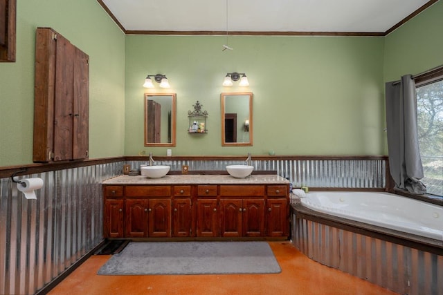2700 County Road 224, Florence, TX 76527 - bathroom featuring double vanity, ornamental molding, wainscoting, and a bath
