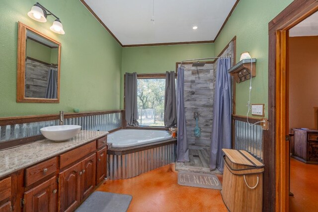 2700 County Road 224, Florence, TX 76527 - bathroom featuring a shower stall, vanity, a garden tub, and crown molding