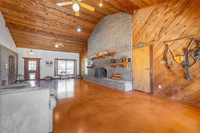 2700 County Road 224, Florence, TX 76527 - unfurnished living room with a fireplace, a ceiling fan, high vaulted ceiling, and wooden ceiling