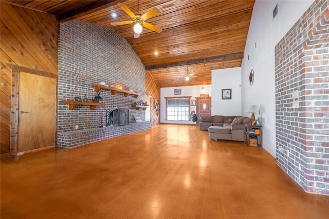 2700 County Road 224, Florence, TX 76527 - living area featuring high vaulted ceiling, wooden ceiling, a ceiling fan, brick wall, and a brick fireplace