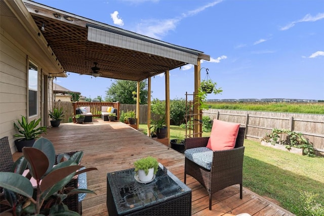 233 Voss, Kyle, TX 78640 - deck with a fenced backyard, an outdoor living space, and a ceiling fan