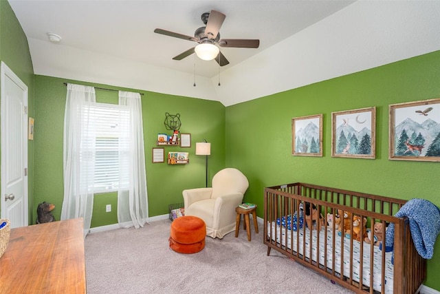 2049 Cartway Ct, Leander, TX 78641 - bedroom featuring carpet flooring, a crib, lofted ceiling, and a ceiling fan